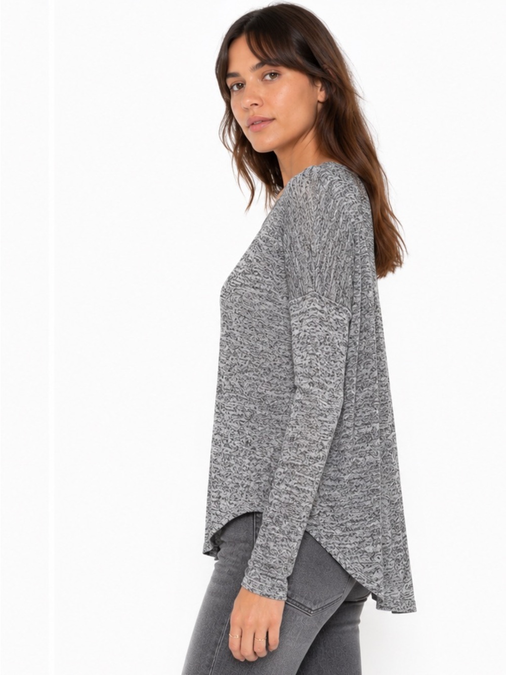Rag & Bone The Knit XS Heather Gray Long Sleeve Scoop Neck Curved Hem Tee